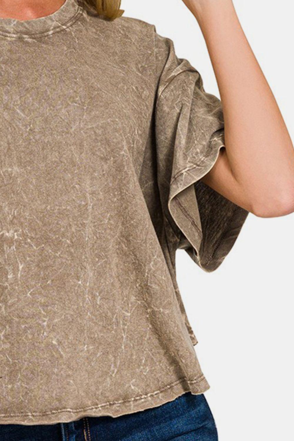 Zenana Washed Round Neck Drop Shoulder Cropped T-Shirt - Abundia House