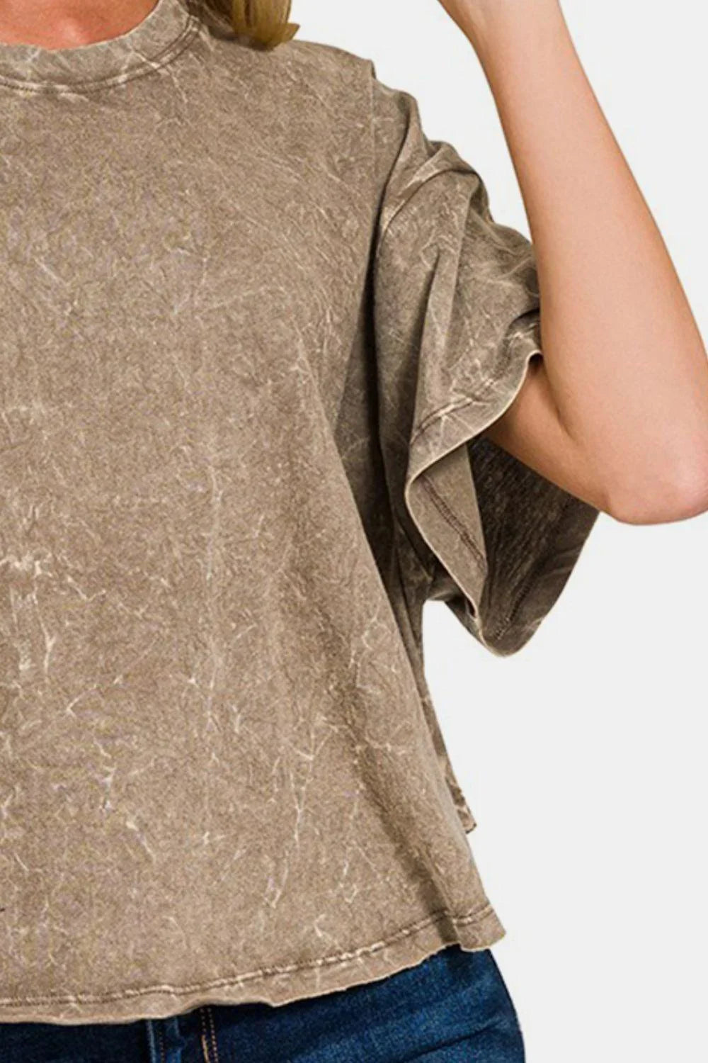 Zenana Washed Round Neck Drop Shoulder Cropped T-Shirt - Abundia House