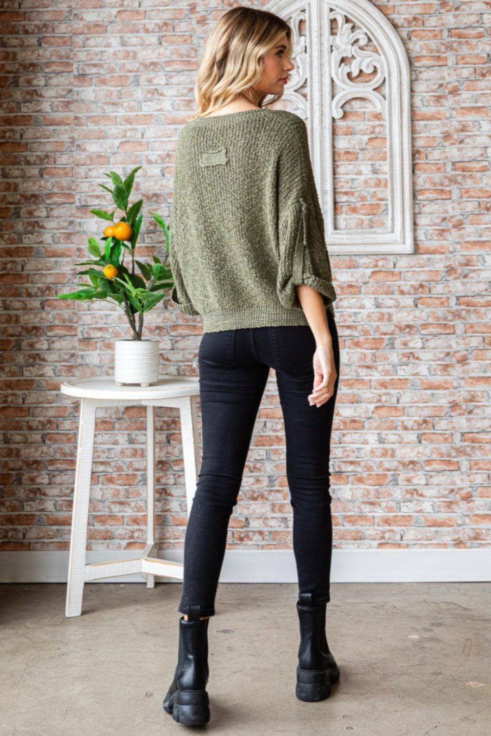 Veveret Round Neck Roll-Up Sweater - Abundia House