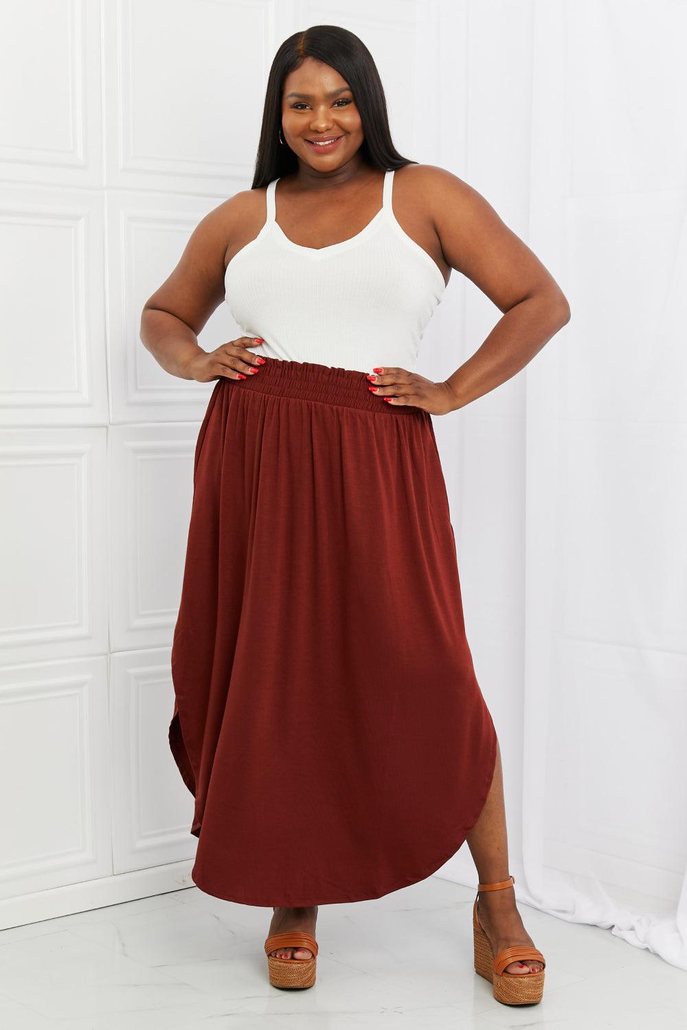 Zenana It's My Time Full Size Side Scoop Scrunch Skirt in Dark Rust - Abundia House