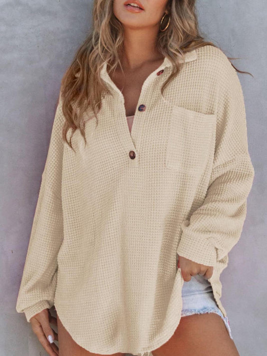 Waffle-Knit Dropped Shoulder Long Sleeve Sweatshirt - Abundia House