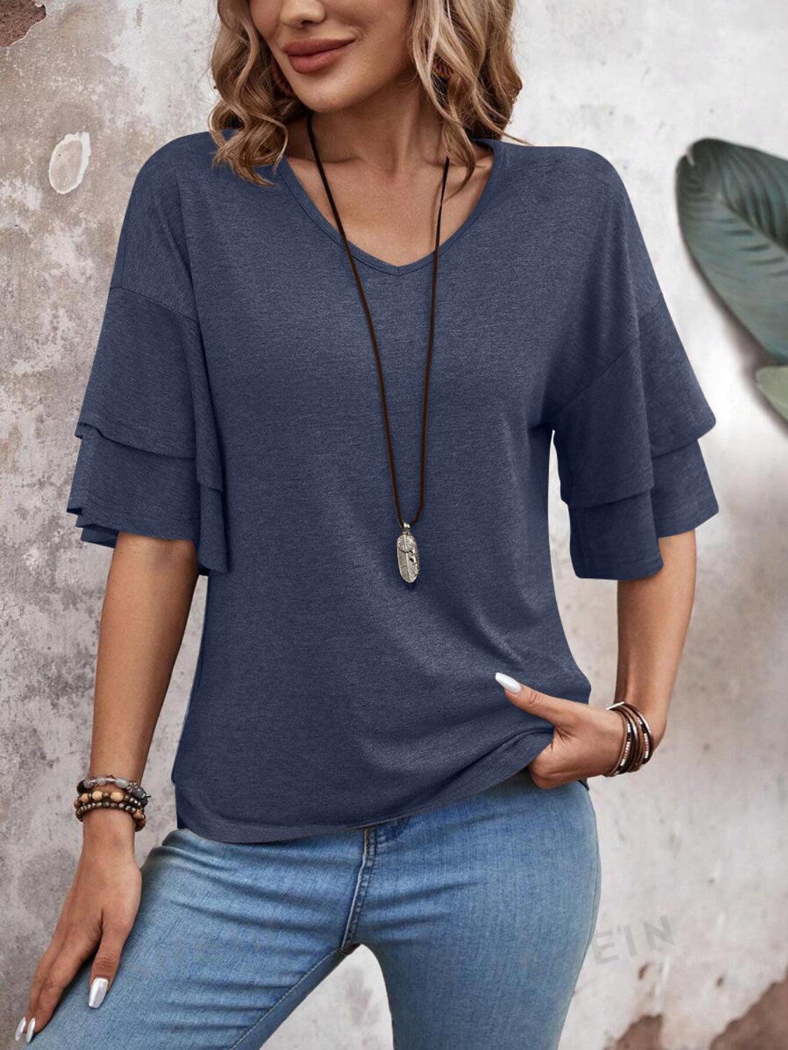 V-Neck Half Sleeve Blouse - Abundia House