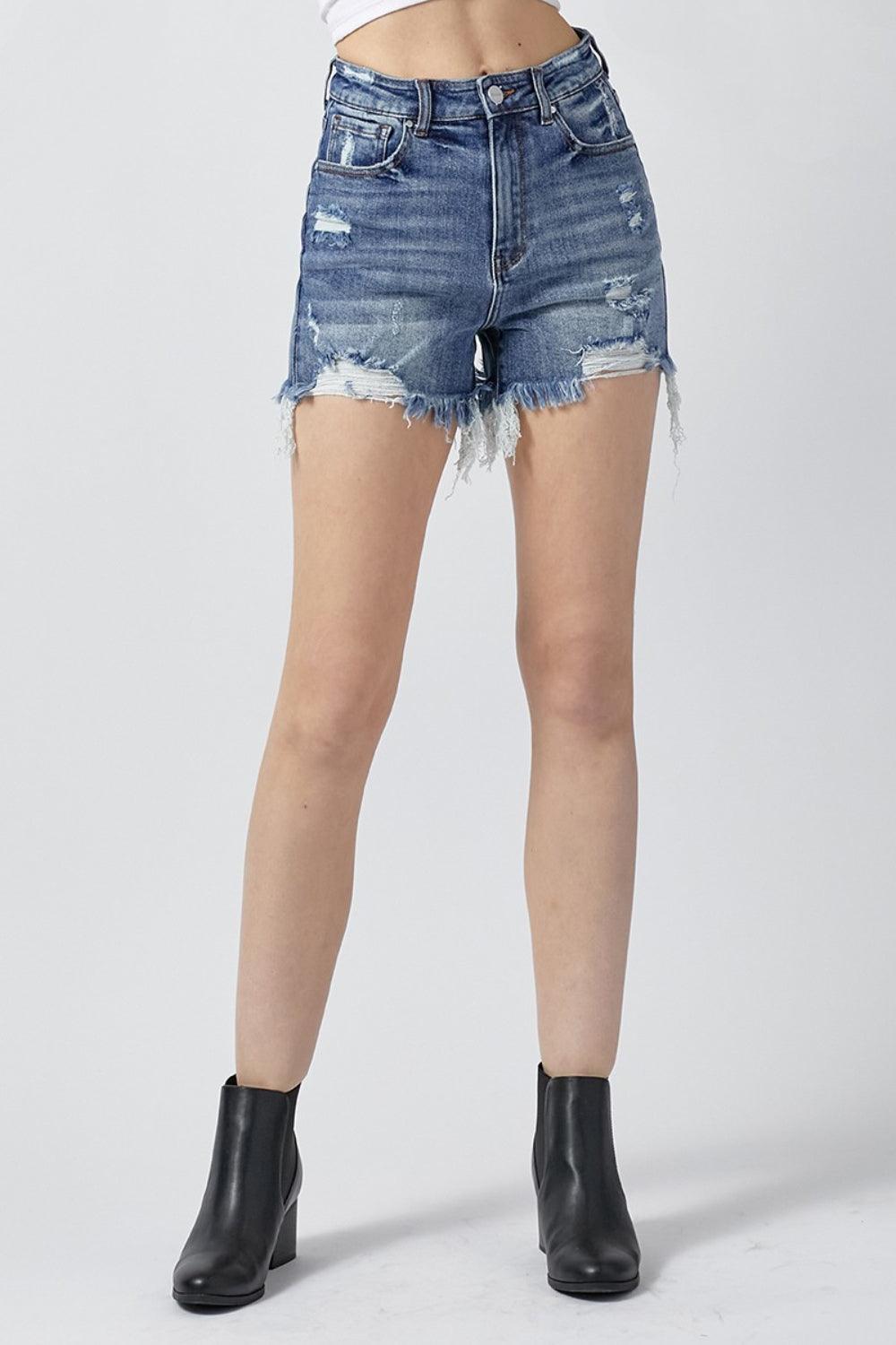 RISEN High Rise Distressed Denim Shorts - Abundia House