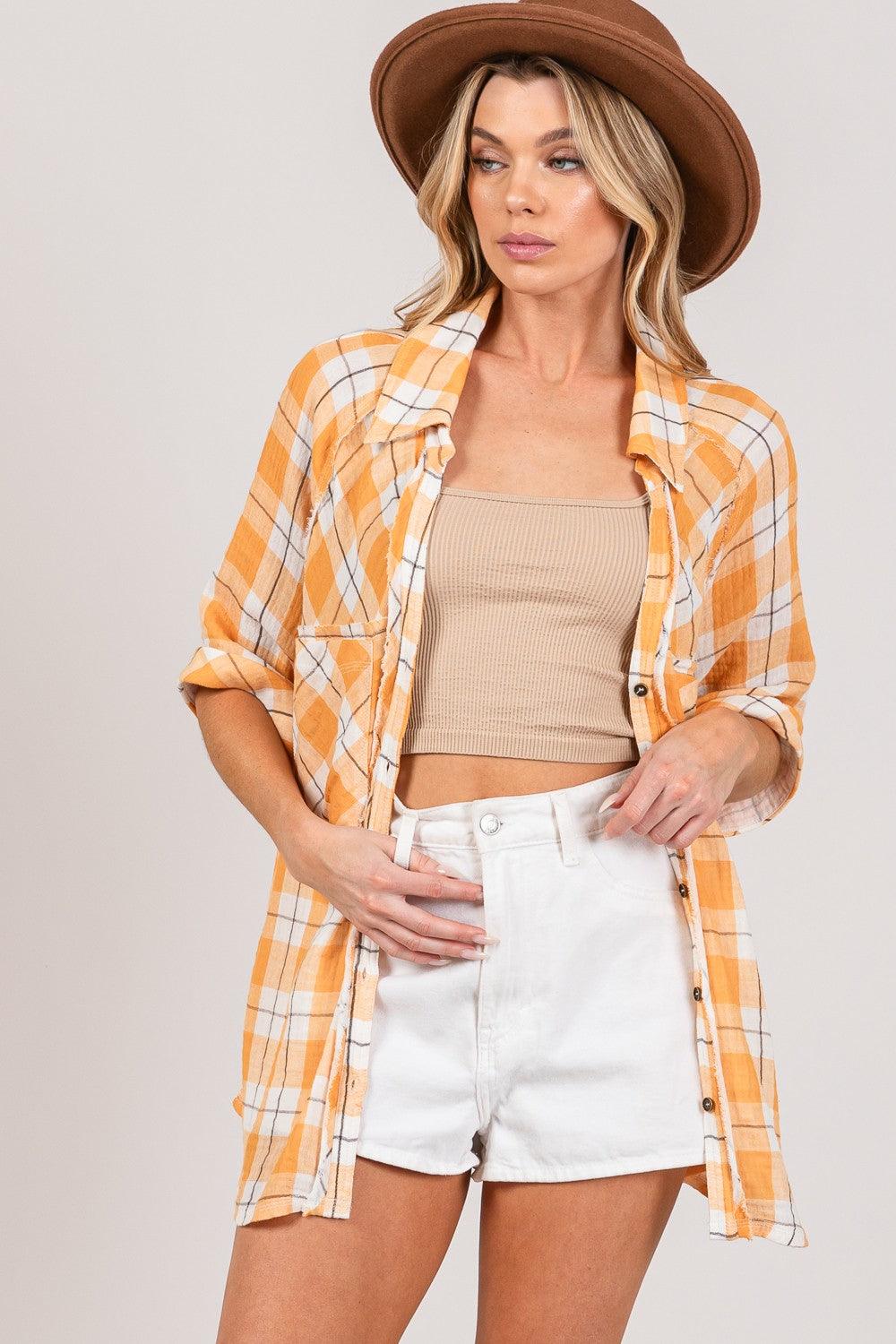 SAGE + FIG Plaid Button Up Side Slit Shirt - Abundia House