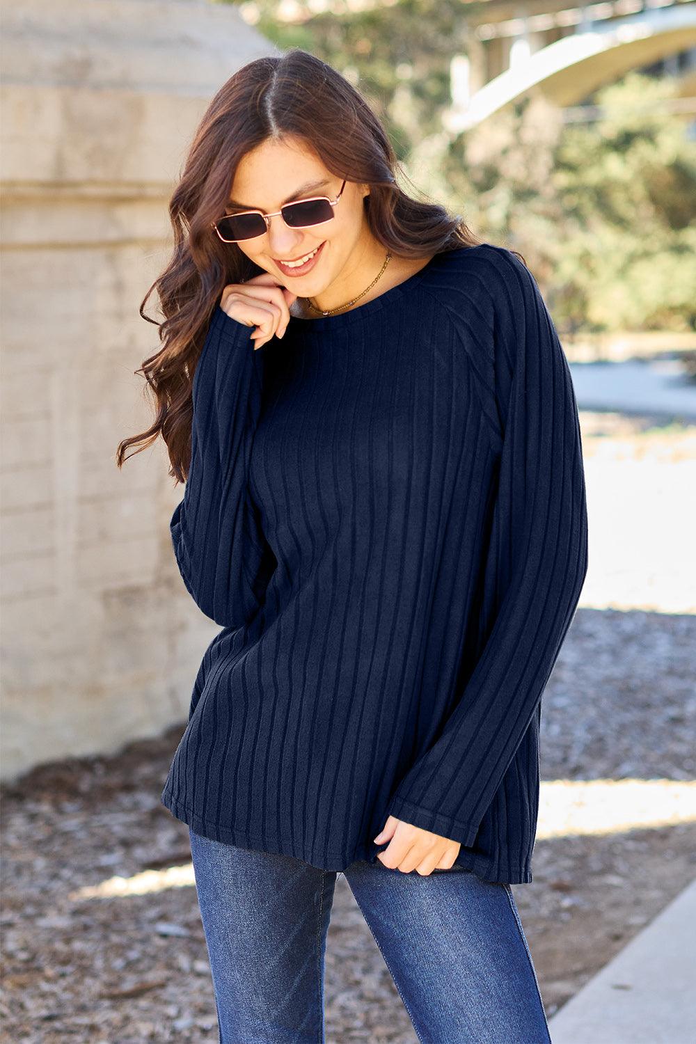 Basic Bae Full Size Ribbed Round Neck Long Sleeve Knit Top - Abundia House