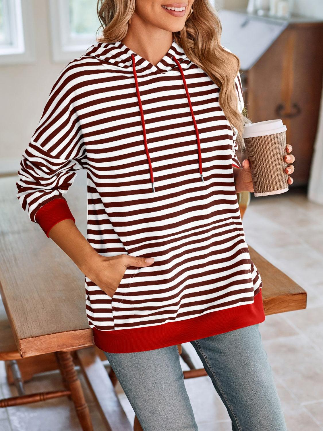 Drawstring Striped Long Sleeve Hoodie - Abundia House