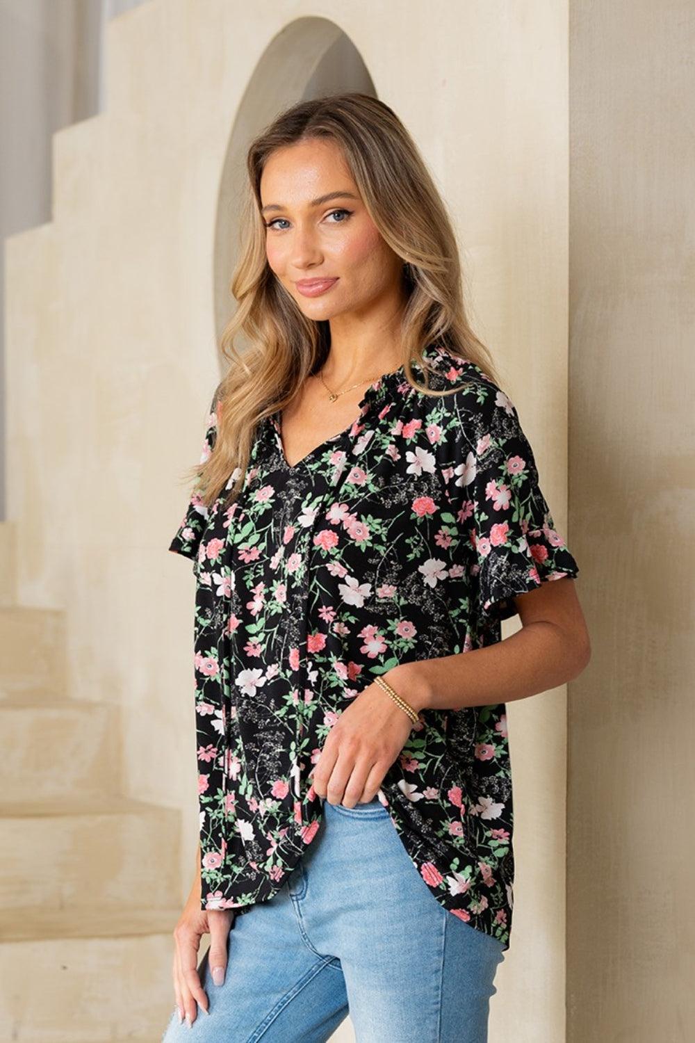 Sew In Love Floral Tie Neck Short Sleeve Blouse - Abundia House