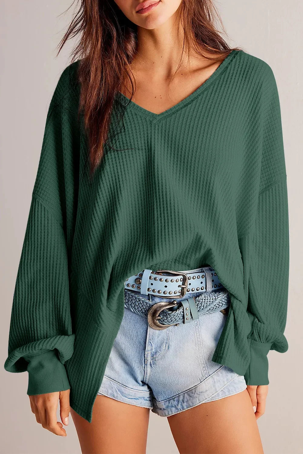 Waffle-Knit V-Neck Long Sleeve Top - Abundia House