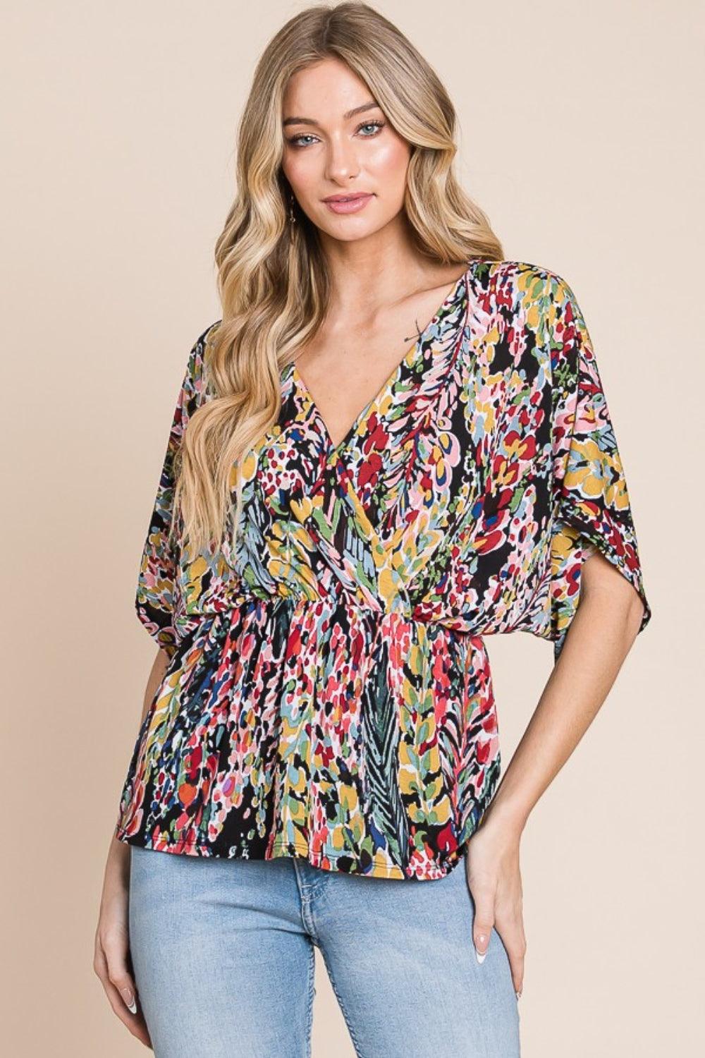 BOMBOM Printed Surplice Peplum Blouse - Abundia House