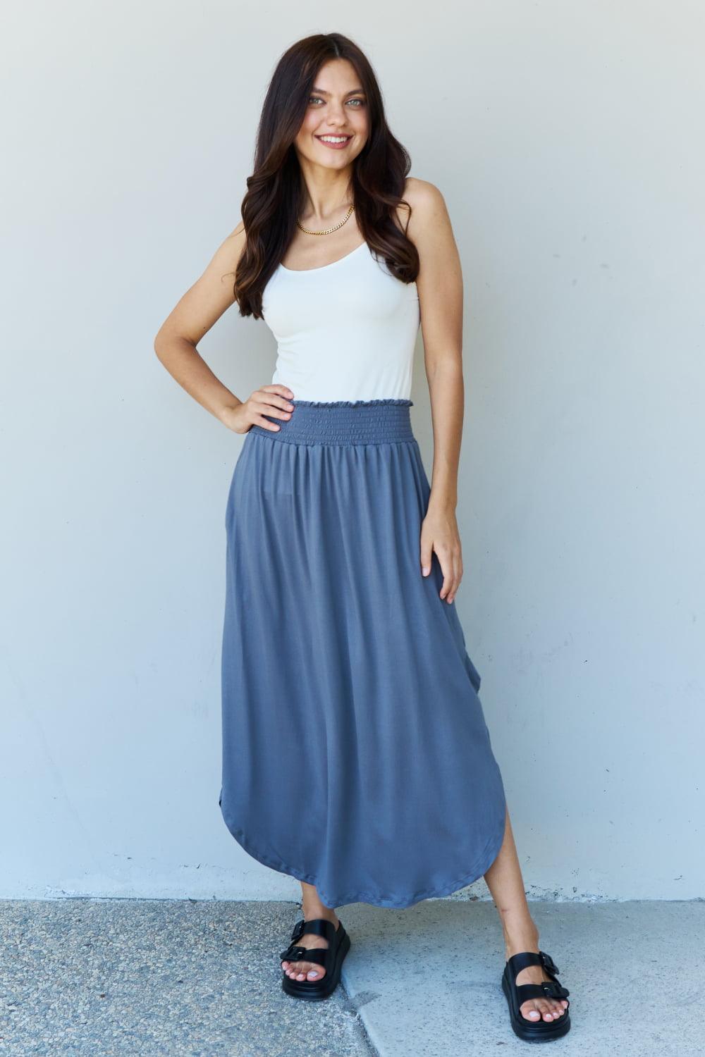 Doublju Comfort Princess Full Size High Waist Scoop Hem Maxi Skirt in Dusty Blue - Abundia House