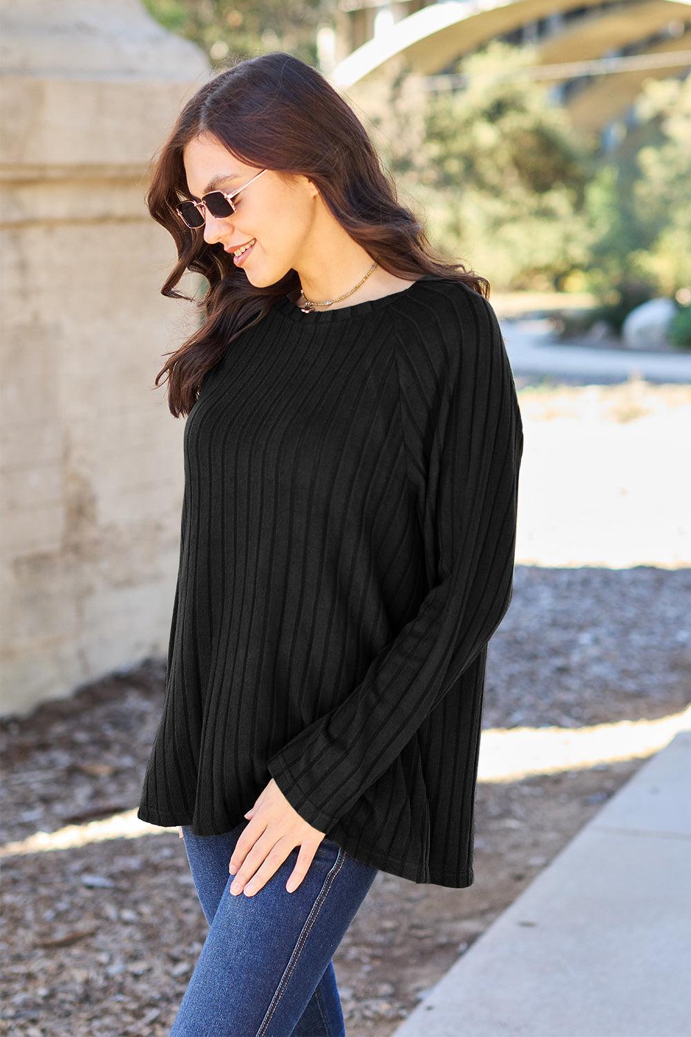 Basic Bae Full Size Ribbed Round Neck Long Sleeve Knit Top - Abundia House