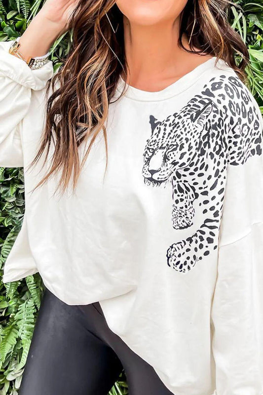 Leopard Round Neck Long Sleeve T-Shirt - Abundia House