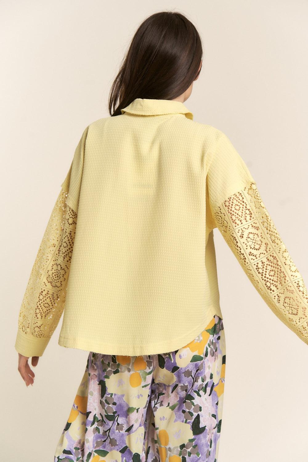 J.NNA Button Down Lace Long Sleeve Waffle Shirt - Abundia House