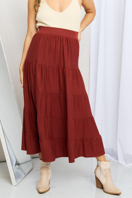 Zenana Full Size Wide Waistband Tiered Midi Skirt - Abundia House