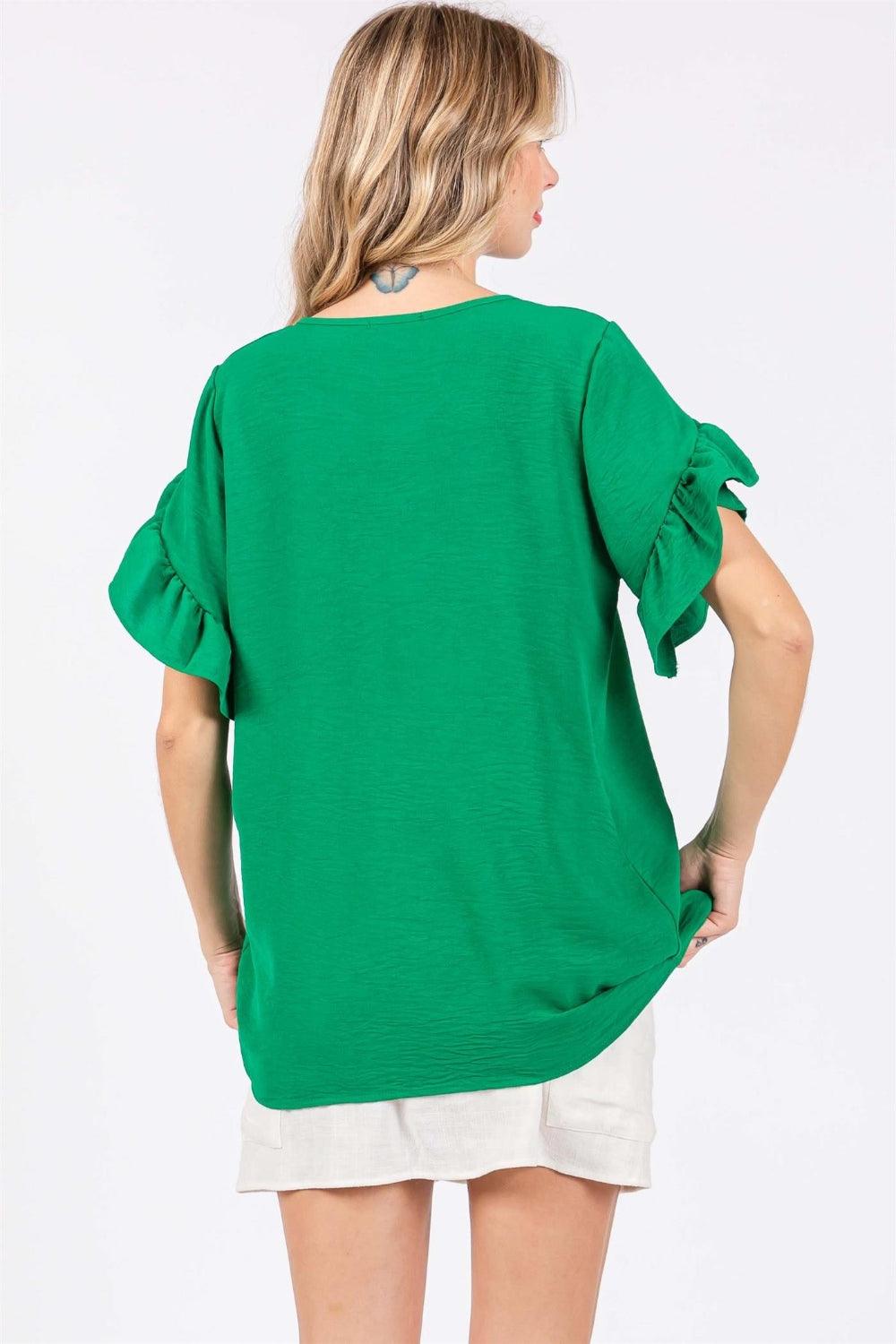 GeeGee Ruffled Short Sleeve V-Neck Blouse - Abundia House