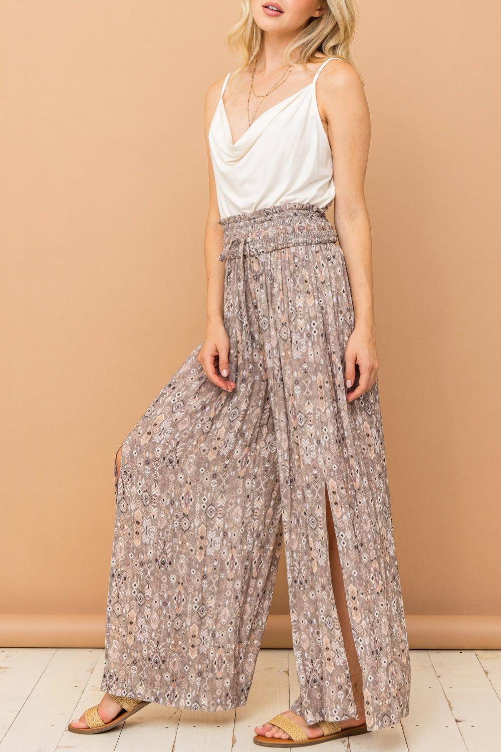 And The Why Printed Smocked Waist Slit Wide Leg Pants - Abundia House