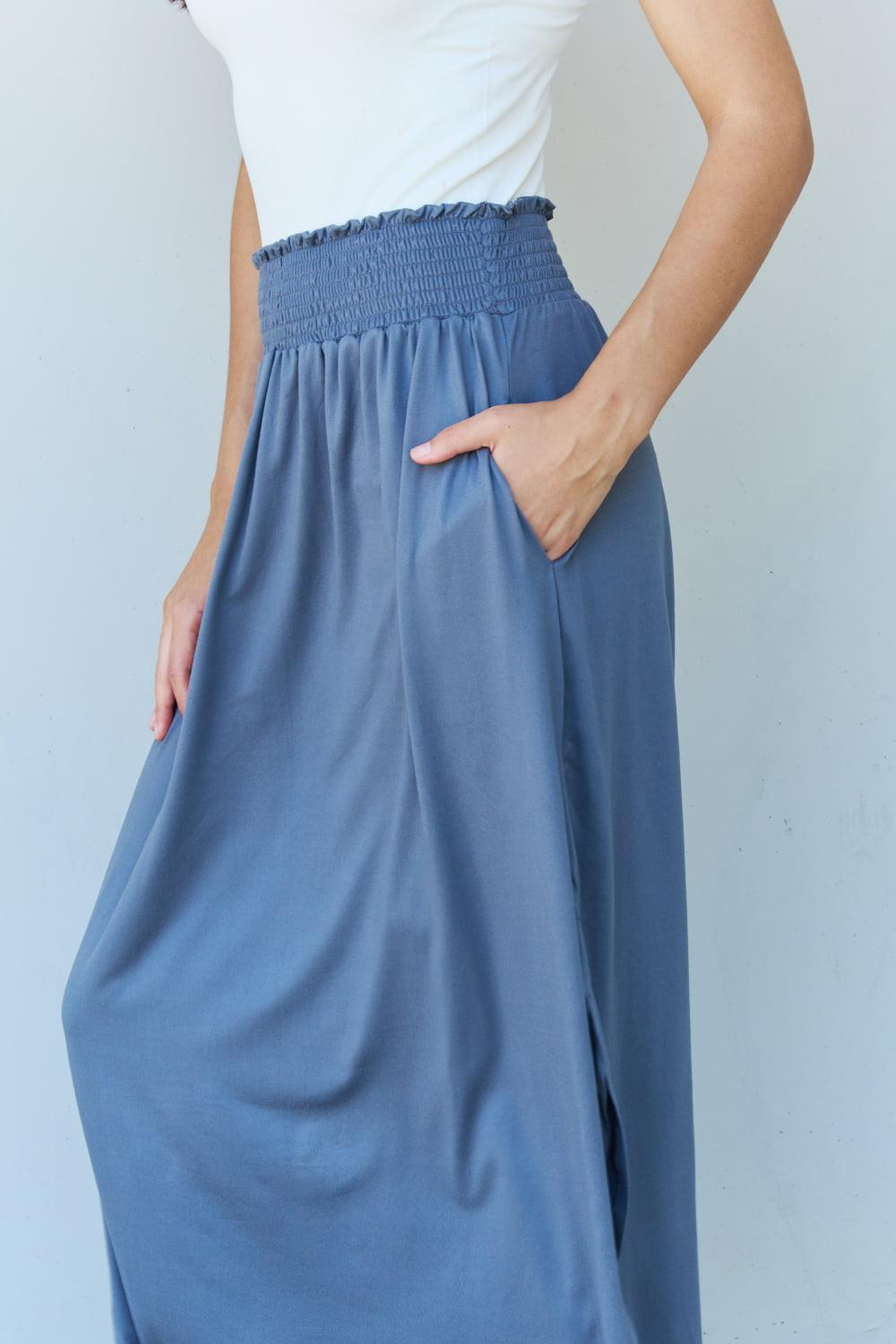 Doublju Comfort Princess Full Size High Waist Scoop Hem Maxi Skirt in Dusty Blue - Abundia House