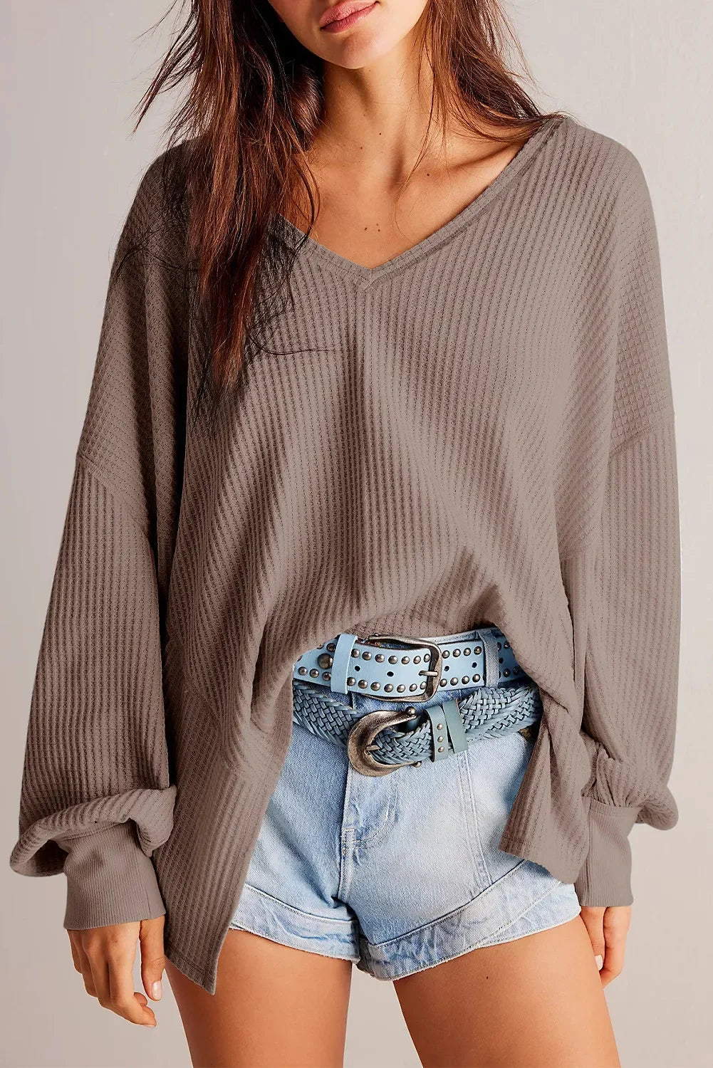Waffle-Knit V-Neck Long Sleeve Top - Abundia House