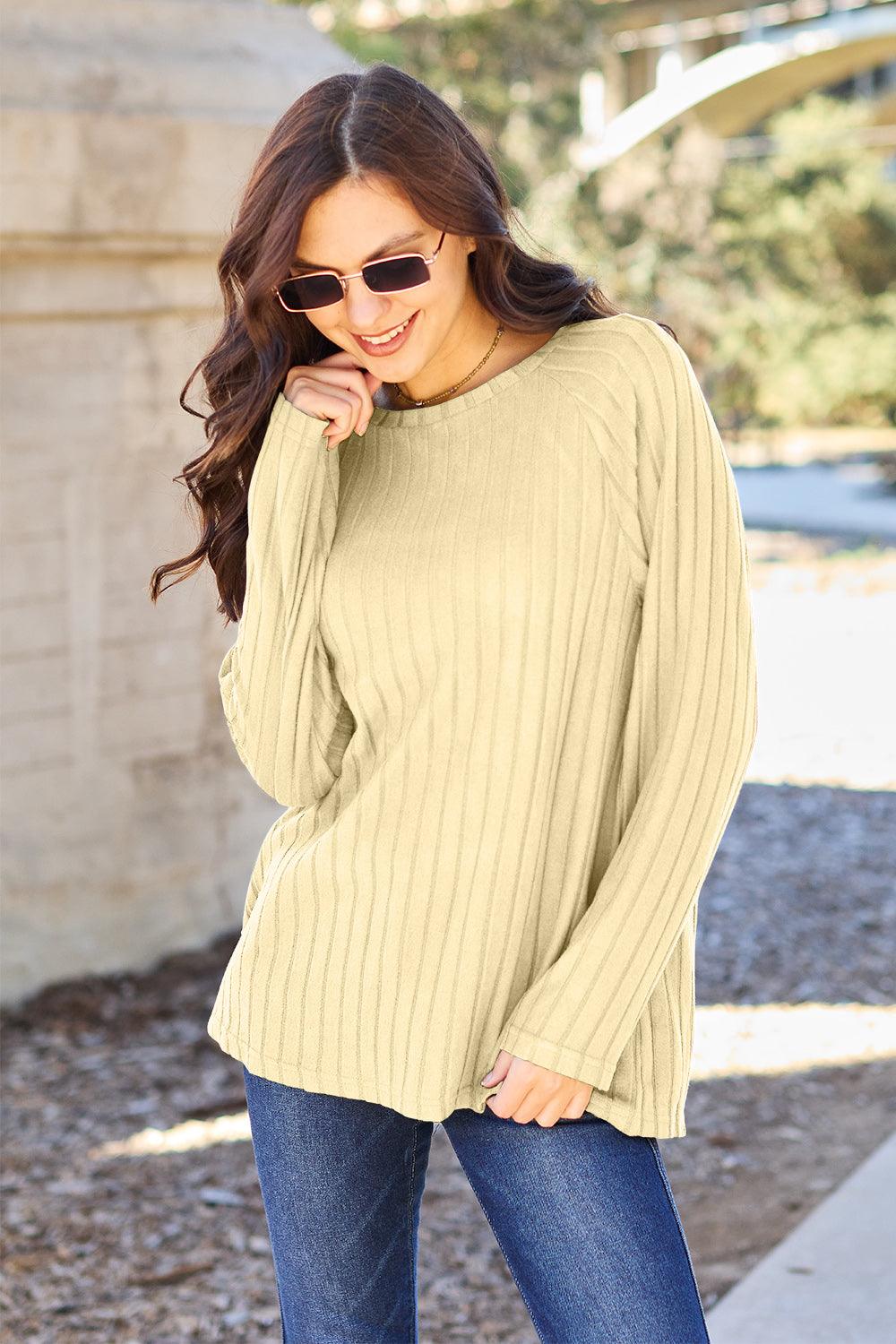 Basic Bae Full Size Ribbed Round Neck Long Sleeve Knit Top - Abundia House