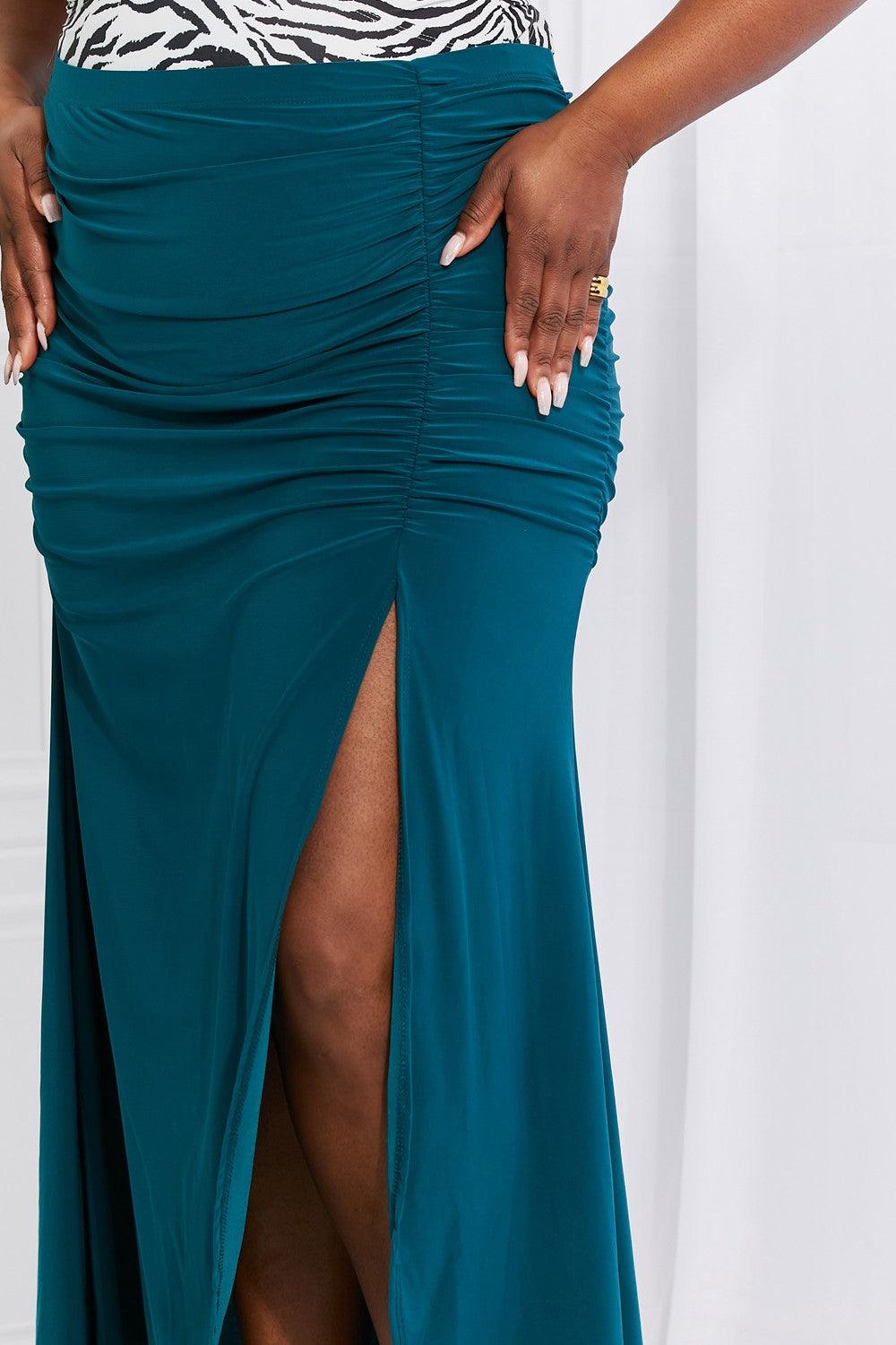 White Birch Full Size Up and Up Ruched Slit Maxi Skirt in Teal - Abundia House