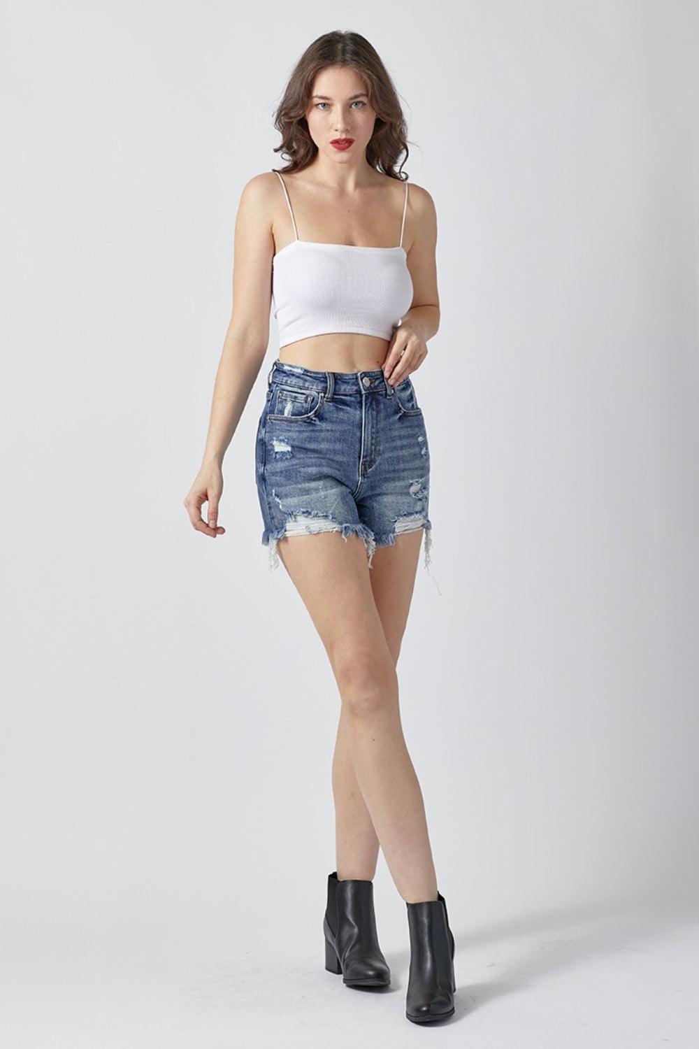 RISEN High Rise Distressed Denim Shorts - Abundia House