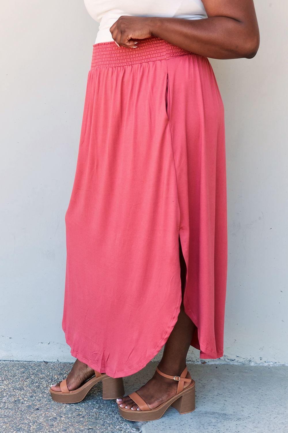 Doublju Comfort Princess Full Size High Waist Scoop Hem Maxi Skirt in Hot Pink - Abundia House