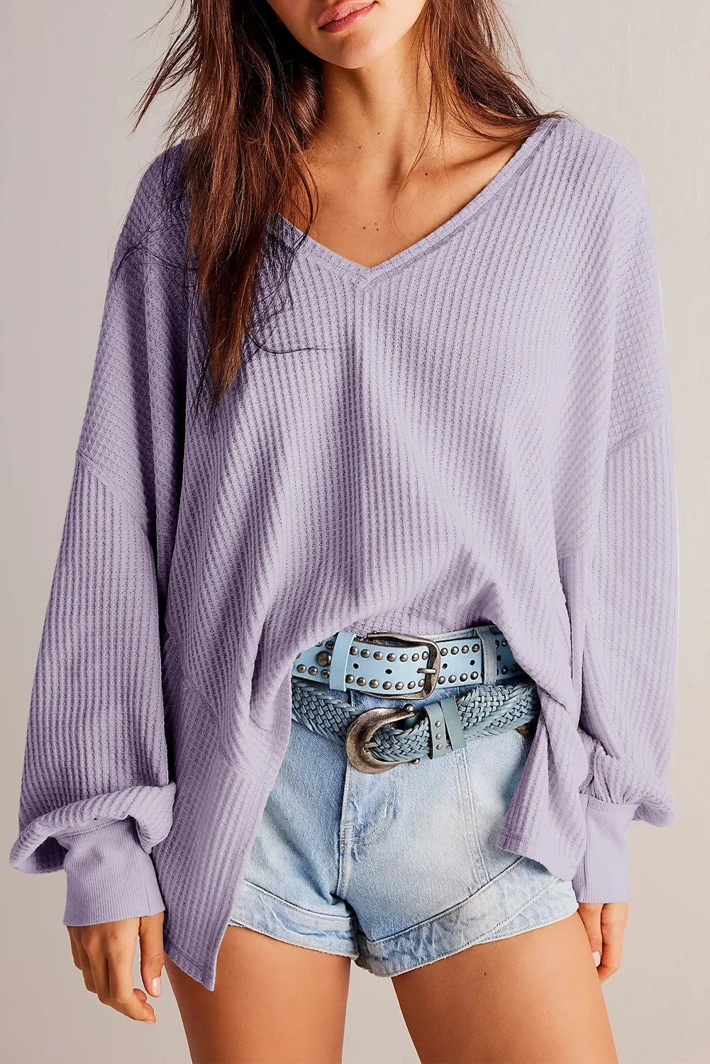 Waffle-Knit V-Neck Long Sleeve Top - Abundia House