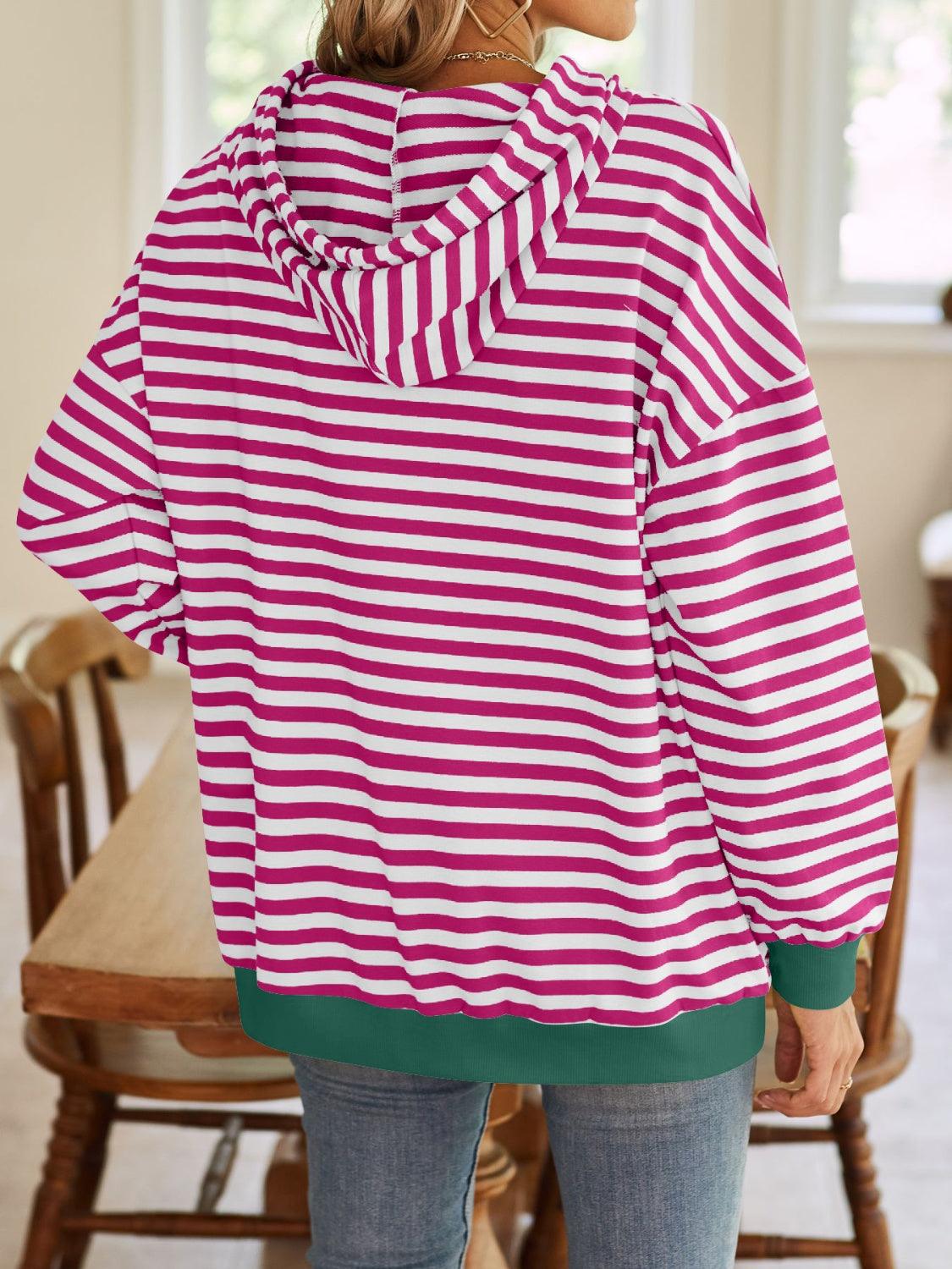 Drawstring Striped Long Sleeve Hoodie - Abundia House