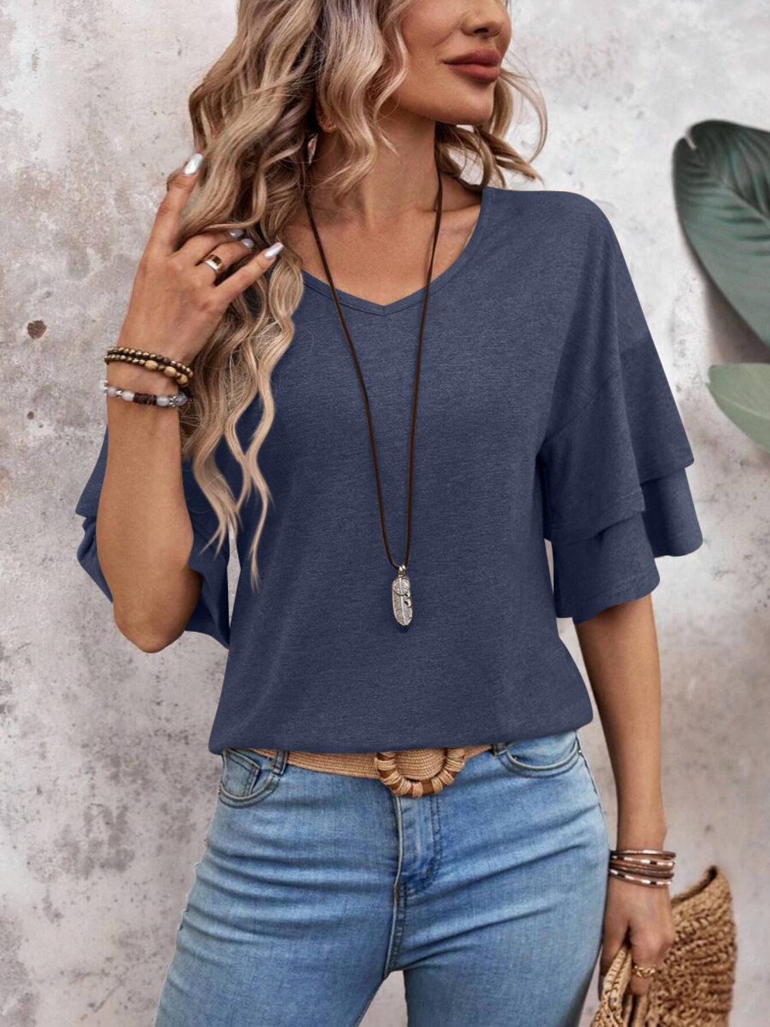 V-Neck Half Sleeve Blouse - Abundia House