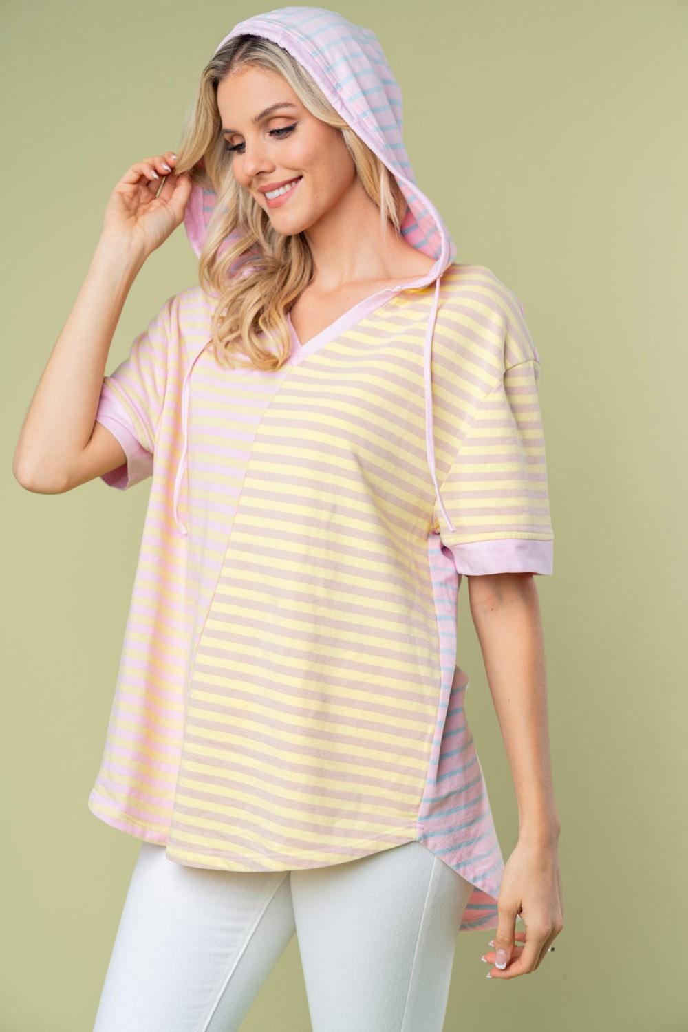 White Birch Full Size Striped Short Sleeve Drawstring Hooded Top - Abundia House