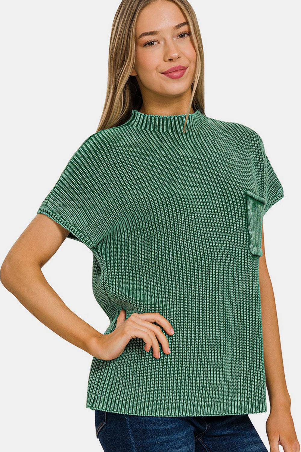 Zenana Washed Mock Neck Short Sleeve Sweater - Abundia House