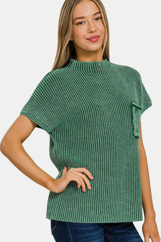 Zenana Washed Mock Neck Short Sleeve Sweater - Abundia House