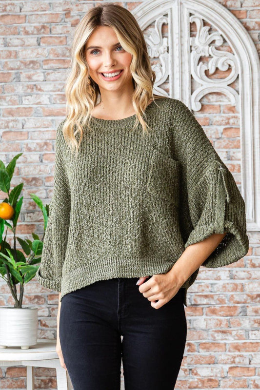 Veveret Round Neck Roll-Up Sweater - Abundia House