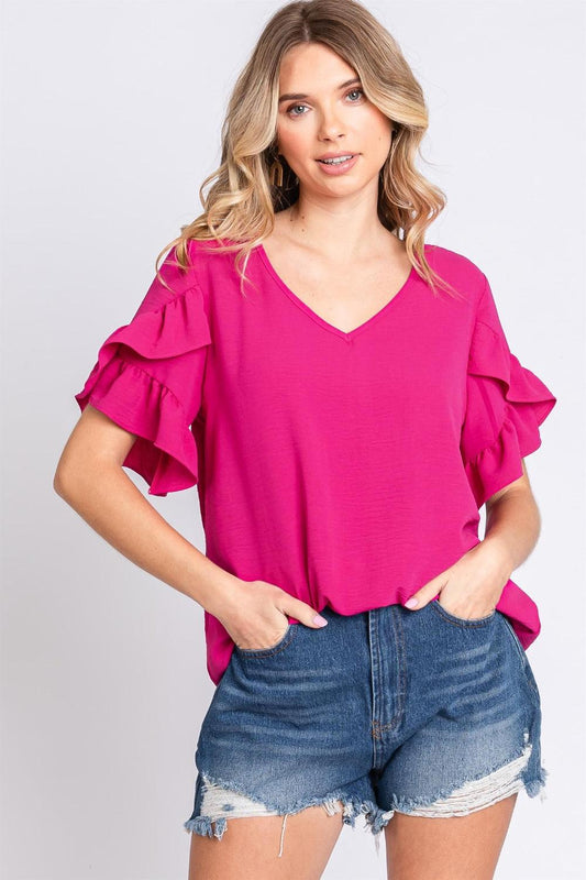 GeeGee V-Neck Ruffle Trim Short Sleeve Blouse - Abundia House