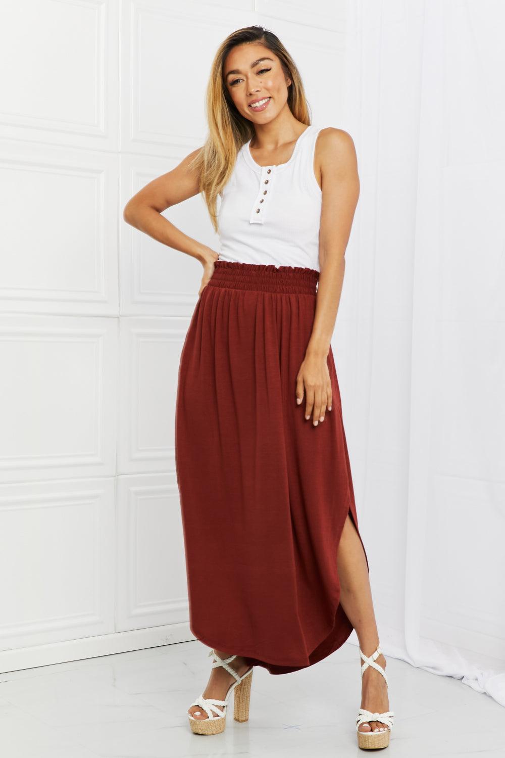 Zenana It's My Time Full Size Side Scoop Scrunch Skirt in Dark Rust - Abundia House