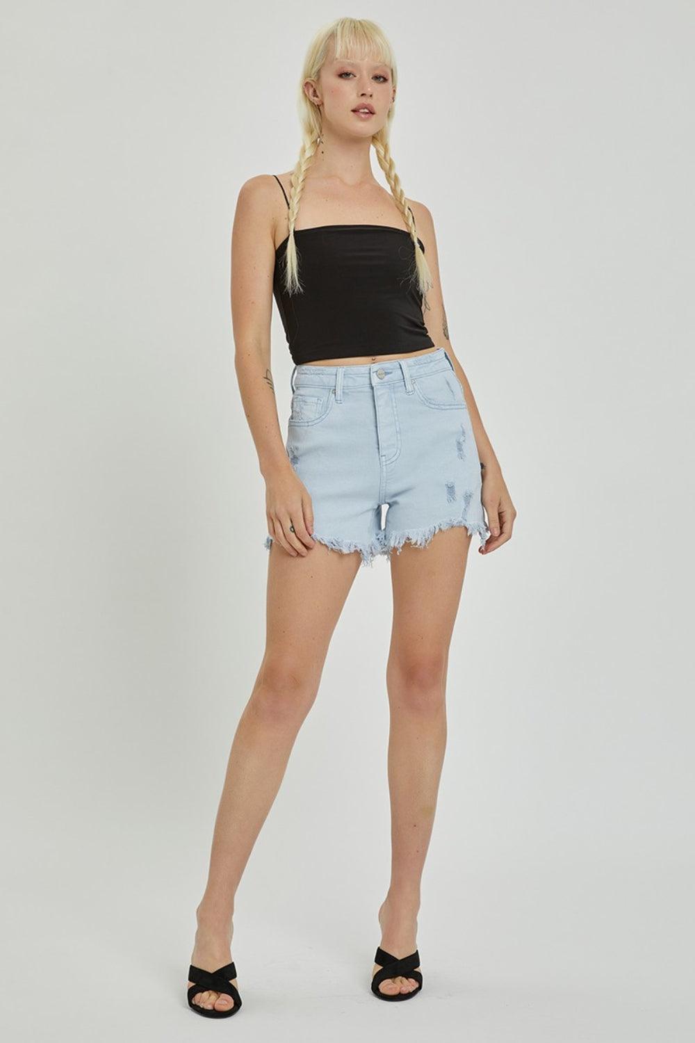 RISEN Full Size High Rise Distressed Detail Denim Shorts - Abundia House