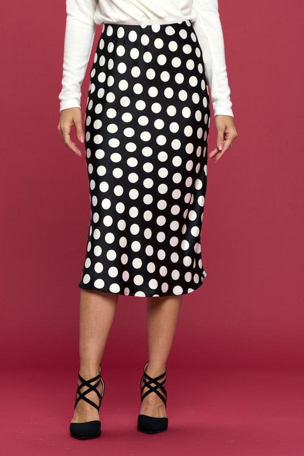 RENEE C Polka Dot Satin Midi Skirt - Abundia House