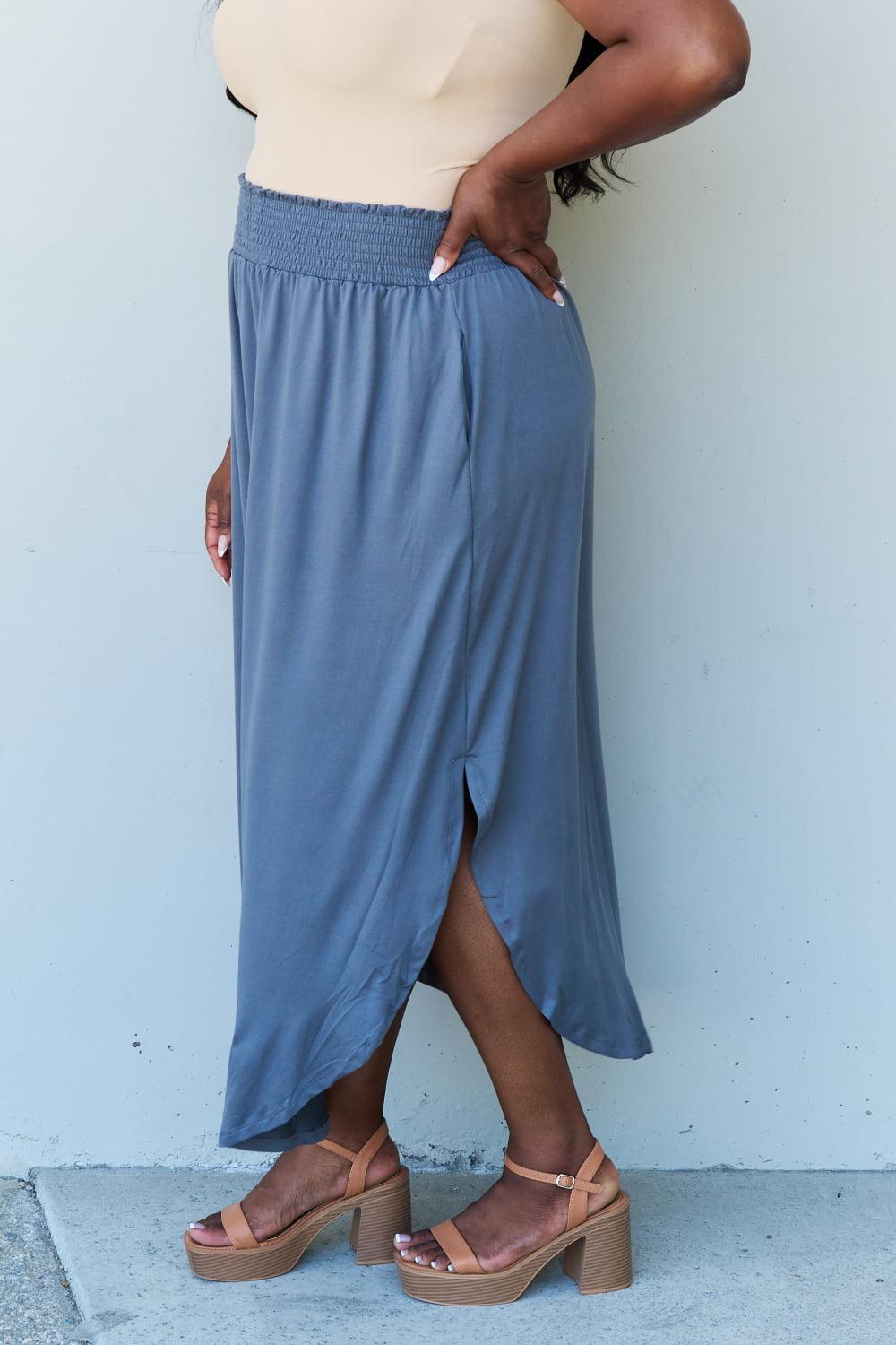 Doublju Comfort Princess Full Size High Waist Scoop Hem Maxi Skirt in Dusty Blue - Abundia House