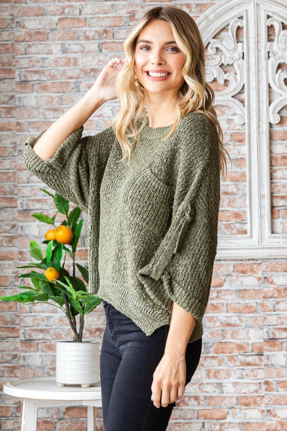 Veveret Round Neck Roll-Up Sweater - Abundia House