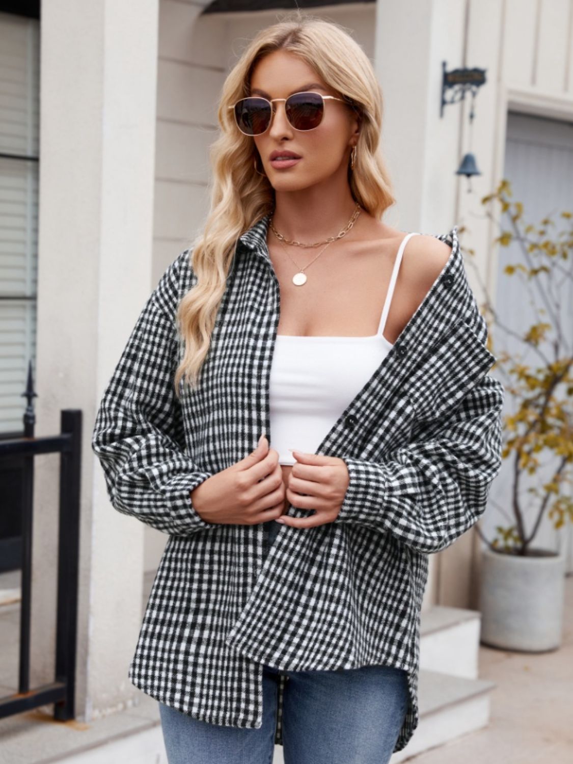 Pocketed Plaid Collared Neck Long Sleeve Shirt - Abundia House