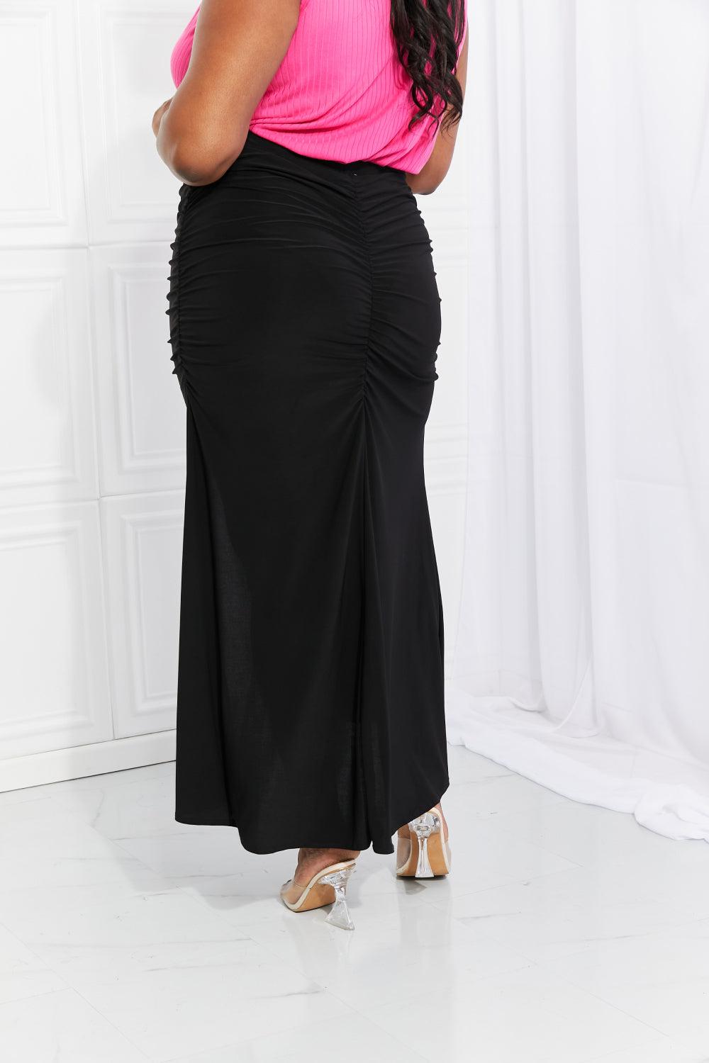 White Birch Full Size Up and Up Ruched Slit Maxi Skirt in Black - Abundia House