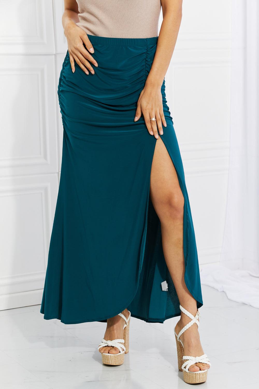 White Birch Full Size Up and Up Ruched Slit Maxi Skirt in Teal - Abundia House