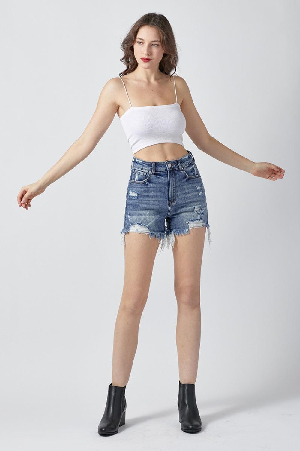 RISEN High Rise Distressed Denim Shorts - Abundia House