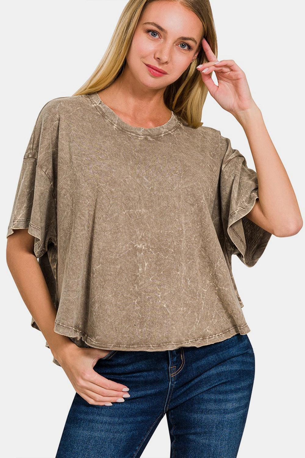 Zenana Washed Round Neck Drop Shoulder Cropped T-Shirt - Abundia House