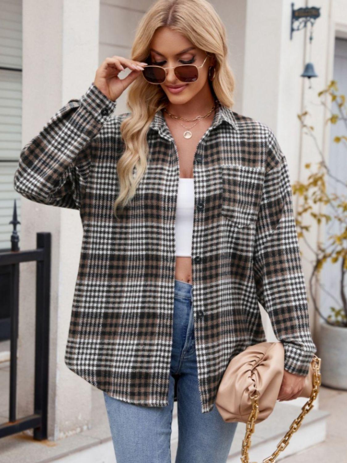 Pocketed Plaid Collared Neck Long Sleeve Shirt - Abundia House