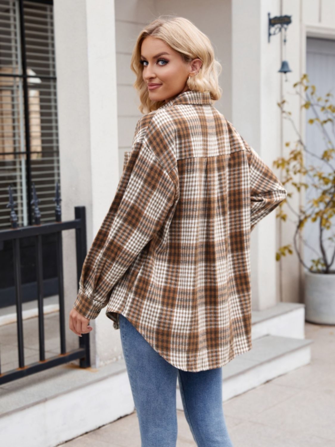 Pocketed Plaid Collared Neck Long Sleeve Shirt - Abundia House