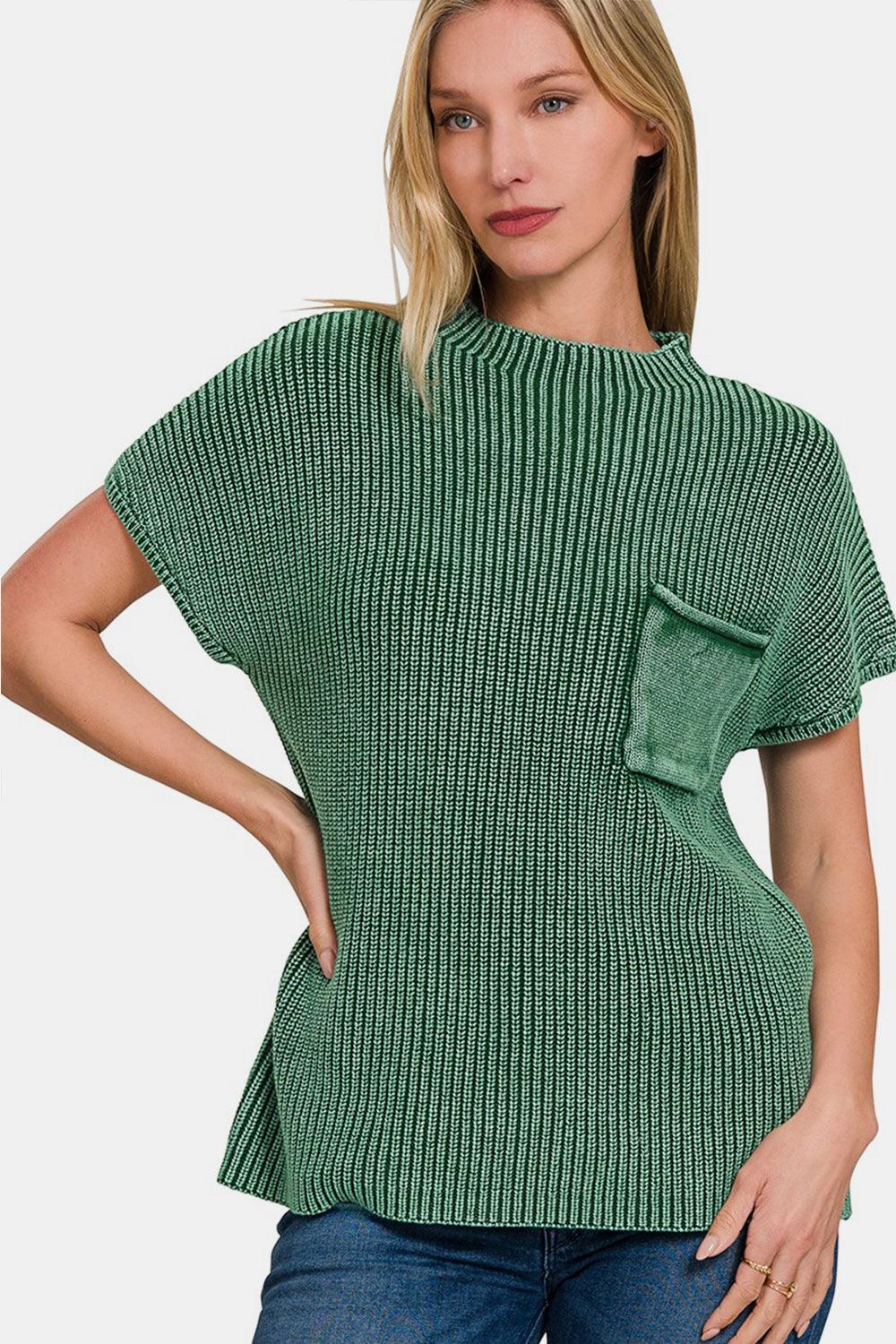 Zenana Washed Mock Neck Short Sleeve Sweater - Abundia House