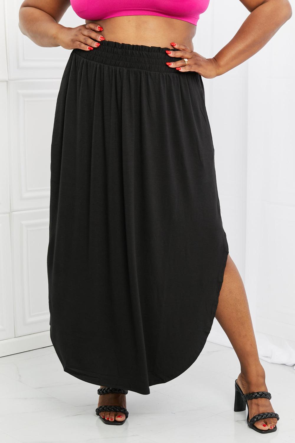 Zenana It's My Time Full Size Side Scoop Scrunch Skirt in Black - Abundia House