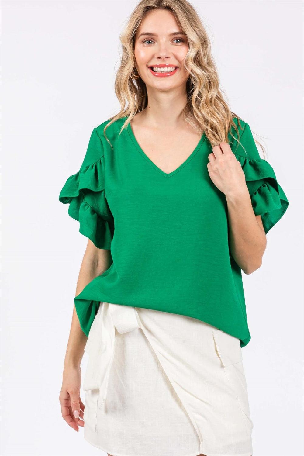 GeeGee Ruffled Short Sleeve V-Neck Blouse - Abundia House