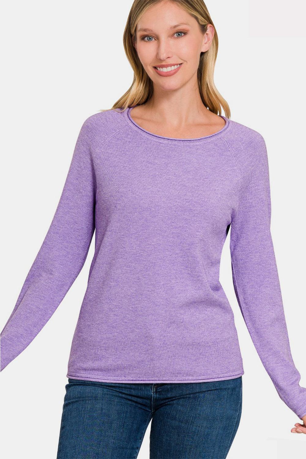 Zenana Rolled Round Neck Long Sleeve Sweater - Abundia House